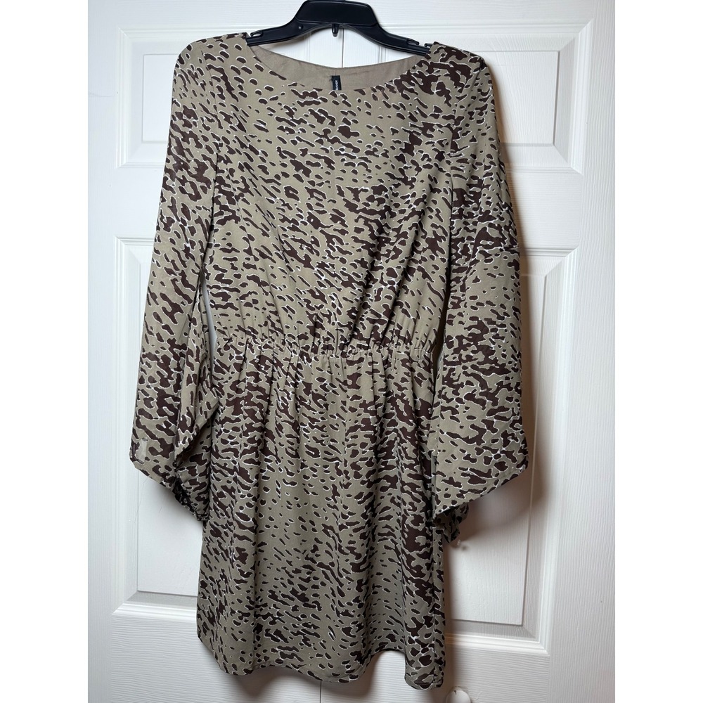 W118 by Walter Baker Womens XS Animal Print Bell Sleeve‎ Mini Dress Brown Tan